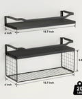 Floating Wood Wall Shelves With Wire Storage Basket Over Toilet Use Gray Finish Metal Guardrail Wipes Organizer