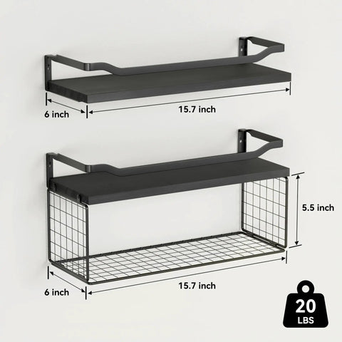 Floating Wood Wall Shelves With Wire Storage Basket Over Toilet Use Gray Finish Metal Guardrail Wipes Organizer