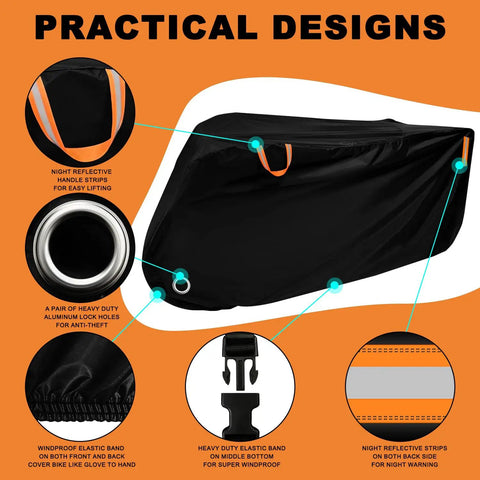 Adult Tricycle Cover Durable 420D Oxford Cloth Windproof Buckle Lock Hole Heavy Duty Weatherproof Shield For 3 Wheel And Electric Trikes Fits Most Bikes Indoors Or Outdoors Rain Or Shine Ready Garage Or Home, black cover with reflective strips and buckle straps