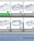 Six clear refrigerator shelf bins with various dimensions; includes AAP73051304 for LG and Kenmore, highlighting size differences.