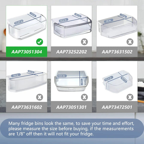 Six clear refrigerator shelf bins with various dimensions; includes AAP73051304 for LG and Kenmore, highlighting size differences.