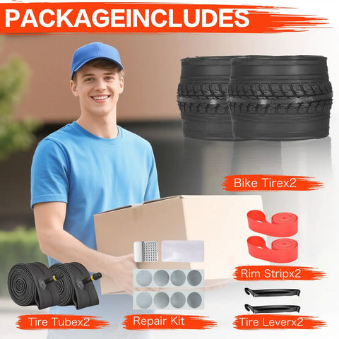 24x1 3/8 Wheelchair And City Bike Tires And Inner Tubes AV 32mm Schrader Valve With Repair Kit Rim Strips Tire Levers shown