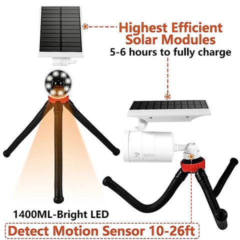 Solar Motion Light Outdoor Waterproof 1400LM Security Spotlight With Flexible Tripod, No Drill Mount, Aluminum Floodlight For Camping, Fence And Patio, 9W Battery Powered, White