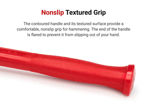 Close-up of 36 oz ball peen dead blow hammer with nonslip grip, featuring flared end for maximum control, model HDB50036.