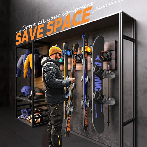 The Must Have Garage Ski And Snowboard Wall Mount Rack Featuring Hella Tight Rubber Grips To Keep Your Boards Damage Free While Clearing Floor Clutter And Making Winter Setup A Total Snap, displaying mounted skis.