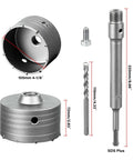 SALI concrete hole saw kit, 105mm tungsten steel cutter, 220mm SDS Plus shank, 110mm center-positioning bits front view