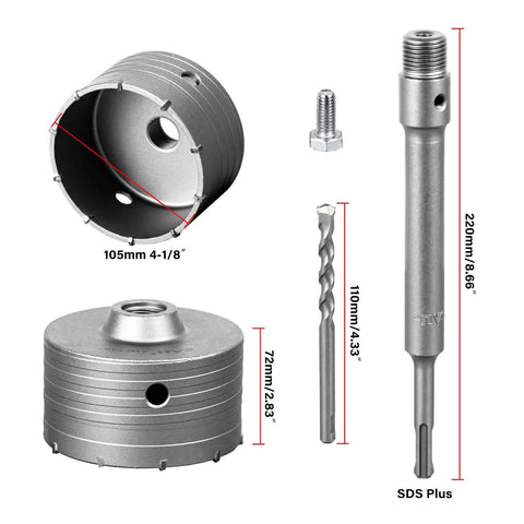 SALI concrete hole saw kit, 105mm tungsten steel cutter, 220mm SDS Plus shank, 110mm center-positioning bits front view