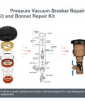 Diagram and components of 720 Series Pressure Vacuum Breaker Repair Kit And Bonnet Repair Kit For Zurn Wilkins One Half To Two Inch PVB Assemblies