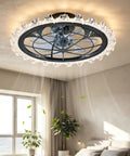 Yunstore Vaxlamp 21" Caged Ceiling Fan with Light and Remote (Matte Black Pointed Tip) in a modern living room setting.