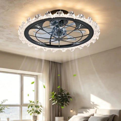 Yunstore Vaxlamp 21" Caged Ceiling Fan with Light and Remote (Matte Black Pointed Tip) in a modern living room setting.