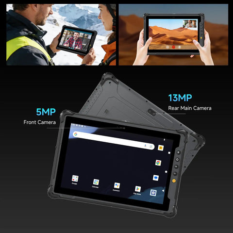Heavy Duty Rugged Android 14 Tablet With Built In Barcode Scanner 8GB RAM And 128GB Storage showing front and rear cameras.