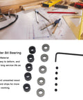 Pro Grade Steel Router Bit Bearing Guide for Smooth Precise Cuts, bottom mounted bearings and tools on a workshop table