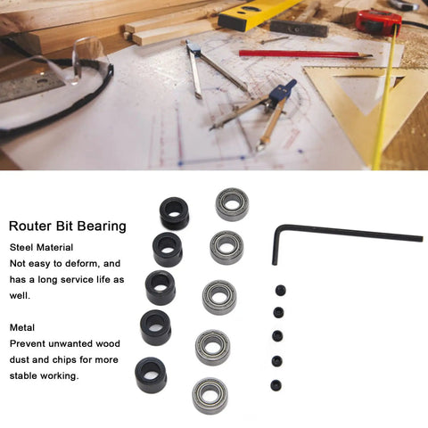 Pro Grade Steel Router Bit Bearing Guide for Smooth Precise Cuts, bottom mounted bearings and tools on a workshop table