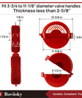 Red ABS Gate Valve Lockout displays dimensions and specifications for 6.5 to 10 inch valve handles, corrosion-resistant for safety.