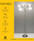 Arc Floor Lamp With Five Movable Shades And Dimmable Brightness In Brushed Steel Finish Totally Lit Lighting For Bedroom Decor Beauty And Art Studios Content Creators Workspaces And Dorm Rooms with features displayed on a yellow background.