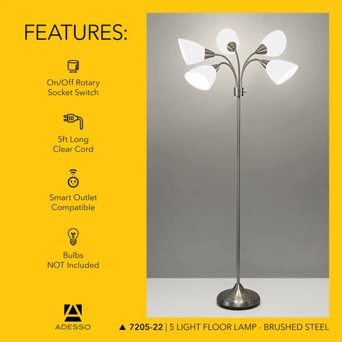 Arc Floor Lamp With Five Movable Shades And Dimmable Brightness In Brushed Steel Finish Totally Lit Lighting For Bedroom Decor Beauty And Art Studios Content Creators Workspaces And Dorm Rooms with features displayed on a yellow background.
