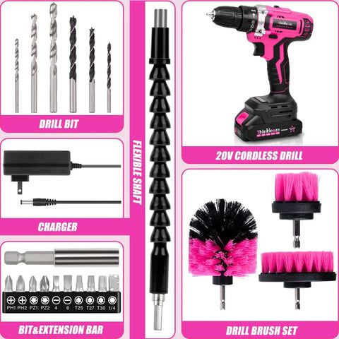 Pink 20V Cordless Drill Set With Drill Brush, Bit Kit, Three Eighths Inch Keyless Chuck, Dual Speed Control, 25 Plus 1 Torque Settings