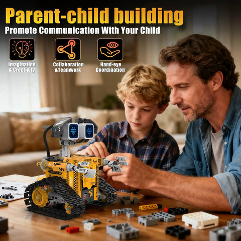 Robot Building Kit 5 In 1 STEM Toys With Remote And App Control For Kids 373 Pieces Featuring 16 LED Expressions, Awesome Christmas And Birthday Gift For Teens Boys And Girls, Hands On Tech Fun. Father and son building robot at a table