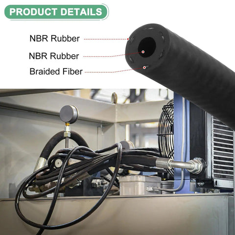 NBR rubber hose close-up with fiber layers, labeled details, automotive engine setup, Fuel Line Hose 4mm ID 10mm OD 4.9ft Long NBR
