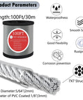 One Eighth Inch Stainless Steel Wire Rope Cable 100 Feet With M5 Turnbuckle And Hardware Kit For Gardening Aircraft Picture Hanging And Clothesline Use Heavy Duty 304 Stainless Steel Includes Eye Hooks Thimbles Clips
