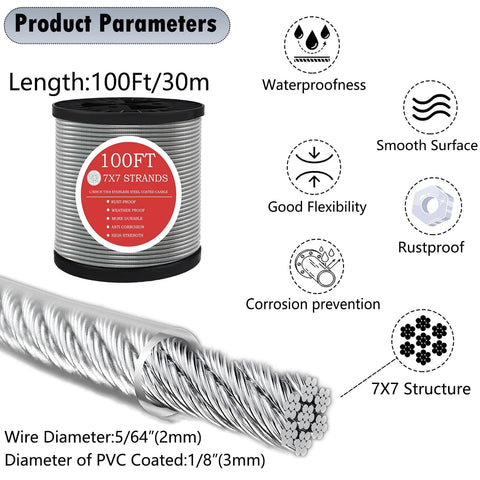 One Eighth Inch Stainless Steel Wire Rope Cable 100 Feet With M5 Turnbuckle And Hardware Kit For Gardening Aircraft Picture Hanging And Clothesline Use Heavy Duty 304 Stainless Steel Includes Eye Hooks Thimbles Clips
