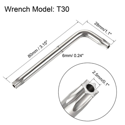 Top Tier M6x20mm Torx Security Pan Head Screws Paired With T30 L Wrenches Forged From 304 Stainless Steel, T30 wrench dimensions and design.