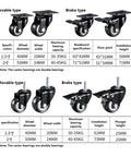 4 Pack 1.5 Inch Swivel Furniture Casters With Brakes, Black, M8/M10 Stem, size and capacity chart, double bearing sleeve