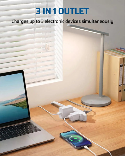 20 Foot Heavy Duty Extension Cord With 360 Degree Rotating Flat Plug And 3 Grounded Outlets For TV, Office, And Kitchen, SPT-3 16/3C Copper Wire, Space Saving Wall Outlet Extender, 13A 1625W on desk with laptop and phone