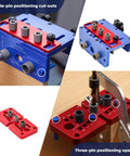 Straight Shooting Wood Dowel Drilling Guide 3 In 1 Jig Kit with red and blue aluminum positioner for precise drilling.