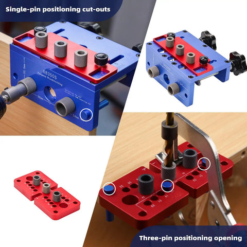 Straight Shooting Wood Dowel Drilling Guide 3 In 1 Jig Kit with red and blue aluminum positioner for precise drilling.