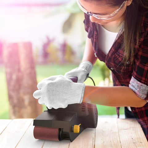 Person using 7 Amp 3x21 Inch Belt Sander With Variable Speed 120 To 400 RPM Dust Bag 2 In 1 Bench And Belt Sander on wood