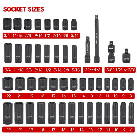 Three Eighths Inch Drive Impact Socket Set, 48 Piece SAE and Metric 6 Point CrV Steel Mechanic Socket Kit, deep and shallow sockets