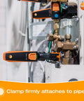 HVAC In-Pipe Temperature Probe With Bluetooth App clamped to pipes for precise readings on heating and cooling system