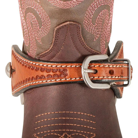 Tooled Edge Spur Straps For Ladies With White Accent Stitching Adjustable Leather Straps With Stainless Steel Buckle