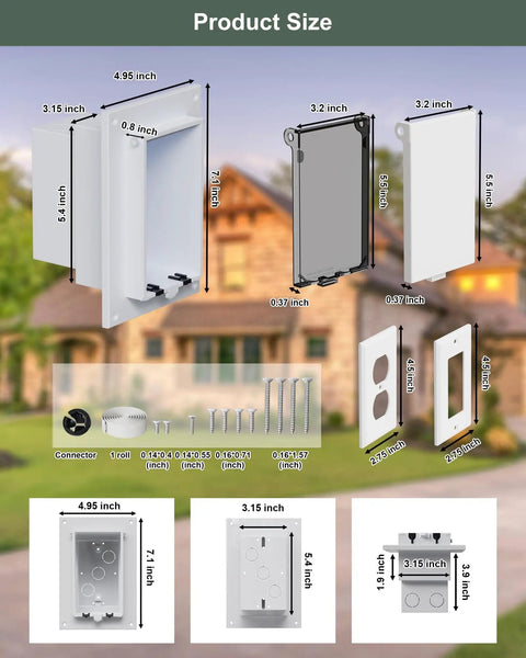 Dimensions and components of the Recessed Outdoor Outlet Box for Wet Locations With Two Weatherproof Covers Vertical 1 Gang Exterior Electrical Box in White
