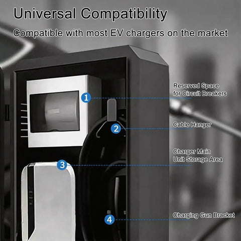 Heavy Duty Outdoor EV Charger Enclosure With Pedestal Stand showing internal features like cable hanger and storage area.