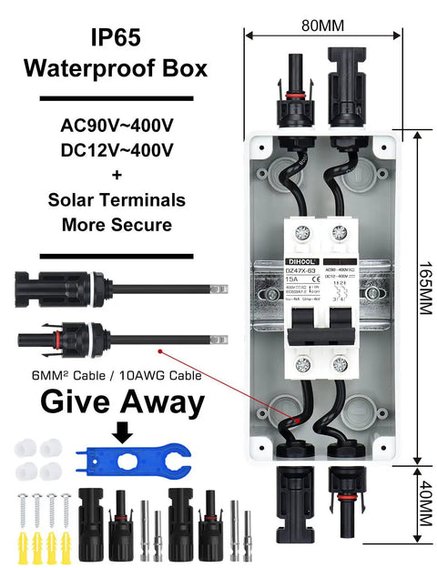 15 Amp Solar DC Disconnect Switch Outdoor Breaker Box with IP65 Waterproof UV Resistant PC Shell showing components