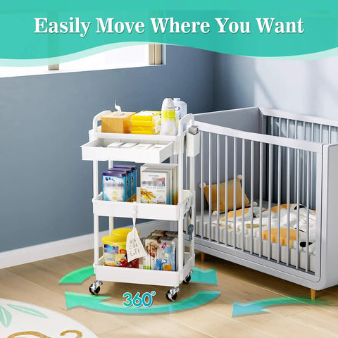 Three Tier Rolling Cart With Removable Drawer And Lockable Wheels For Bathroom Kitchen Office Craft Makeup And Baby Essentials White Space Saver Great For Small Spaces And Daily Use beside nursery crib