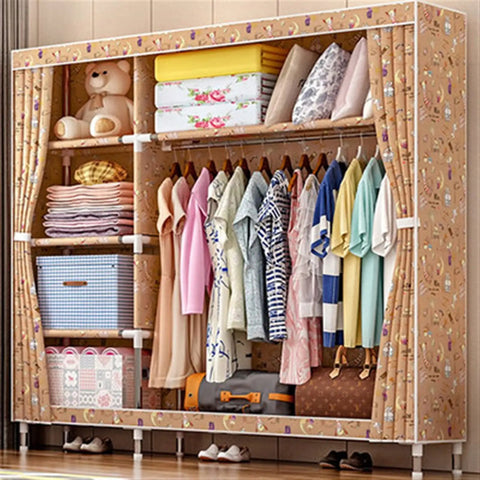 Large Capacity Portable Wardrobe Closet With Washable Oxford Fabric Cover And Heavy Duty Hanging Rods For Real Clothing Storage displayed with clothes.
