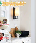 Battery Operated Wall Sconce Two Pack With White Fabric Shade, Not Hardwired, shown wirelessly installed in kitchen