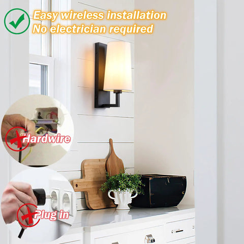 Battery Operated Wall Sconce Two Pack With White Fabric Shade, Not Hardwired, shown wirelessly installed in kitchen