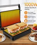 Aigostar 1000w Panini Press Sandwich Maker Non Stick Plates Quick Heat Even Cooking Crispy Grilling Appliance For Home Kitchen Party with two toasted sandwiches.