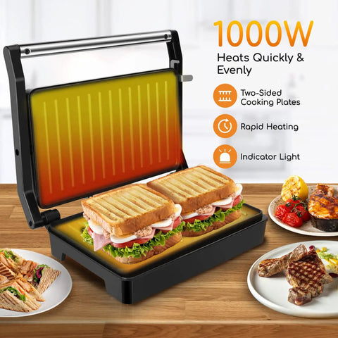 Aigostar 1000w Panini Press Sandwich Maker Non Stick Plates Quick Heat Even Cooking Crispy Grilling Appliance For Home Kitchen Party with two toasted sandwiches.