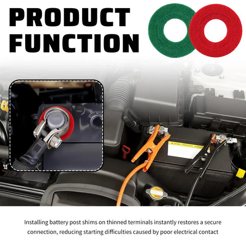 Set Of Four Car Battery Post Shims For Positive And Negative Terminals Repair Kit With Washers shown installed in car engine