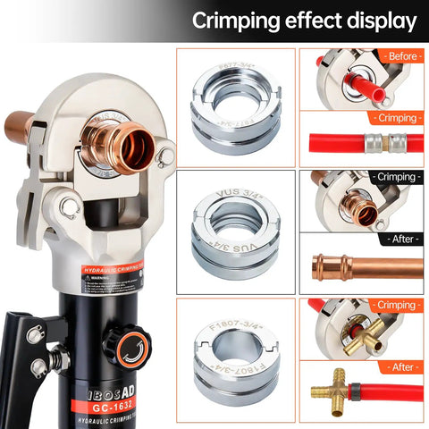 Pro Grade Hydraulic Copper Pipe Crimping Tool Kit With Half, Three Quarter, One Inch Die Sets For Copper Tube And F877 Stainless PEX Sleeves Rotating Head Aluminum Alloy Body Portable Design Ditch Leaks And Save Time Copper Color, 3/4-inch die