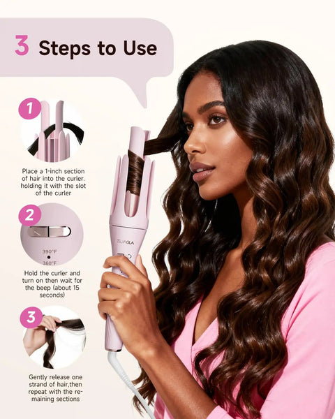 5 In 1 Auto Curling Iron Set With Interchangeable Barrels in use, woman styling hair with rotating ceramic curler dual voltage anti scald pink