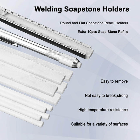 Welding soapstone holders with extra refills, showcasing metal holder design and round soapstone refills on gray background.