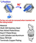 Diagram of Three Quarter Inch Key Switch with Metal Locking Housing UL Listed SPDT Two Position 1NO1NC showing components and positions.