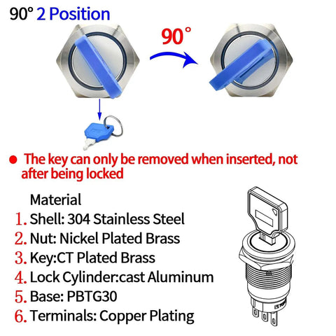 Diagram of Three Quarter Inch Key Switch with Metal Locking Housing UL Listed SPDT Two Position 1NO1NC showing components and positions.
