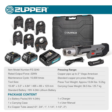 Heavy Duty Standard Press Tool Kit For Half Inch To Two Inch Copper Pipes With Jaws ProPress Compatible Fittings displayed with accessories